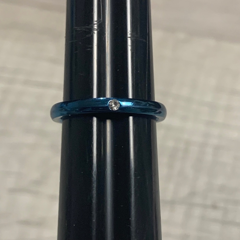Metallic Blue Band Ring with Clear Accent Stone Size 6 Minimalist Teal Jewelry